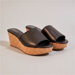 DKNY Black Leather Wedge Sandals